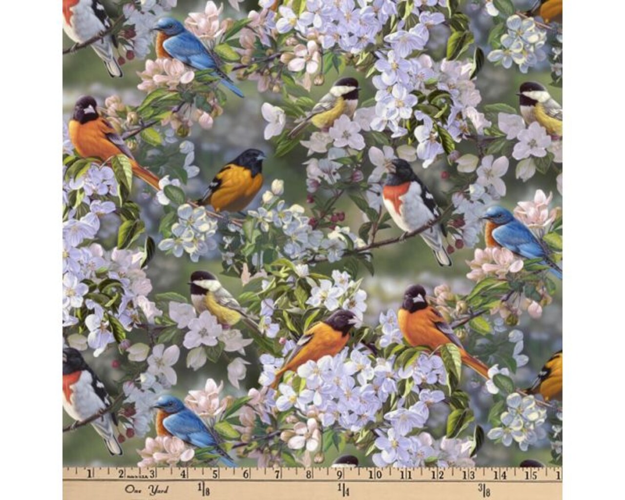 Birds in Orchard Trees Cotton Fabric | By the Yard | Sewing and Crafting | 44 inches wide